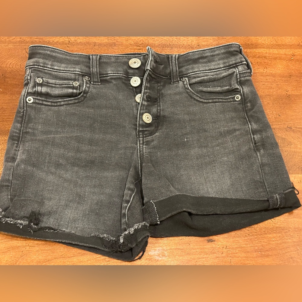 American Eagle Outfitters Black High-Rise Button-Front Denim Shorts
